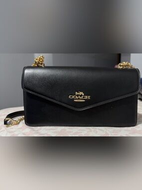 Coach Black Leather Envelope Shoulder Bag with Gold Hardware